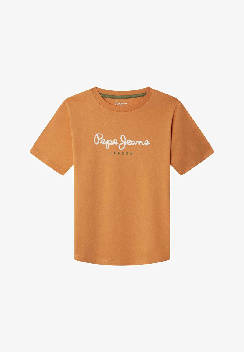 T-shirt orange à manches courtes en coton, avec l'inscription blanche "Pepe Jeans" et "LONDON" en vert en dessous, col rond et coupe standard.