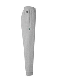 Grå sweatpants lavet af blødt stof, med snor i taljen, sidelommer med lynlås og tapered ben med ribbede manchetter.