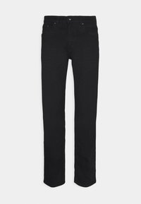 Jeans de mezclilla negra con un diseño de pierna recta, cinco bolsillos y acentos de metal, presentando una textura suave y un ajuste clásico.