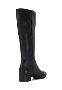 Black knee-high boots with a smooth leather exterior, rounded toe, low block heel, and minimal seams at the back for a sleek silhouette.