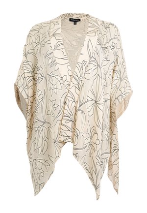 Cremefarbene, leichte Kimono-Jacke mit schwarzem, konturiertem Blumenmuster und offen drapiertem Vorderteil.