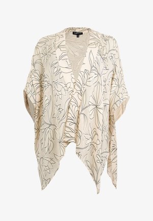 Cremefarbene, leichte Kimono-Jacke mit schwarzem, konturiertem Blumenmuster und offen drapiertem Vorderteil.