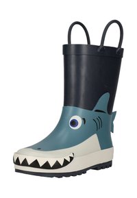 Botte de pluie pour enfants bleue et noire avec un design requin, comprenant des yeux, des nageoires, des dents, et des poignées sur le dessus pour un enfilage facile.