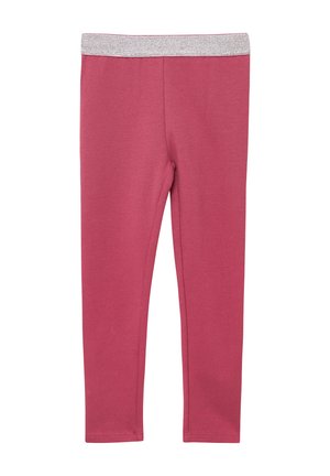 Rosa Leggings mit taillierter Passform, aus weichem Material, mit einem metallisch silbernen elastischen Bund. Glatte Textur, ohne Muster.