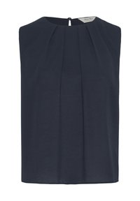 Navy ärmelloses Oberteil mit hohem Kragen und gerüschtem Vorderdesign. Hergestellt aus leichtem Stoff, mit einem kleinen Knopfverschluss hinten.