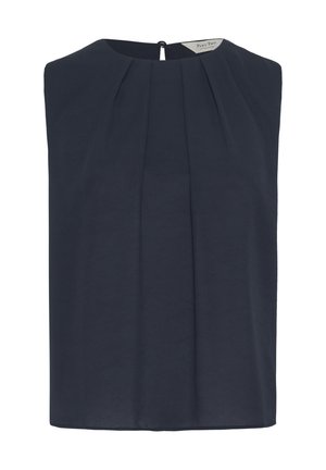 Navy sleeveless top with a high neckline and pleated front design. Made from lightweight fabric, featuring a small button closure at the back.