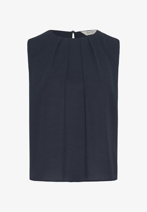 Tamsiai mėlynas be rankovių viršus su aukštu apykaklės dizainu ir raukšlių priekiu. Pagamintas iš lengvos medžiagos, su mažo mygtuko uždarymu gale.