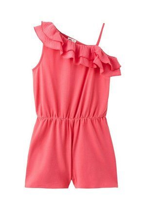 Combinaison sans manches rose corail avec taille élastique, une bretelle volantée décolleté épaule et une bretelle fine, en tissu léger.