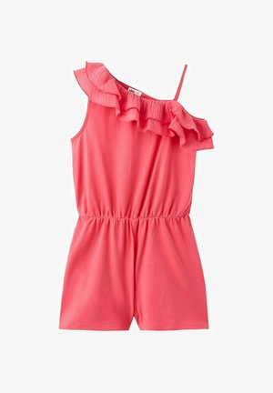 Combinaison sans manches rose corail avec taille élastique, une bretelle volantée décolleté épaule et une bretelle fine, en tissu léger.