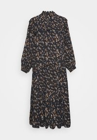 Robe midi noire à manches longues avec imprimé floral petit blanc et marron, col montant à volants, manches et ourlet froncés.