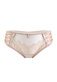 Beżowa bielizna z koronkowym wykończeniem z przodu, z bocznymi paskami i złotymi elementami do zapięcia. Gładka faktura z zebranym wzorem koronkowym.