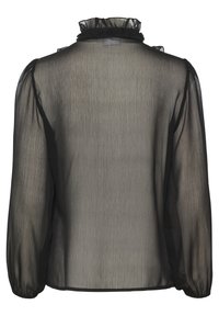 Black sheer blouse with a high ruffled collar, long puff sleeves, and textured fabric. Features gathering at shoulders and cuffs.
