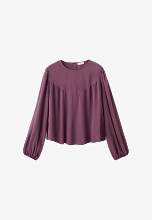 Bluza mov cu mâneci lungi și decolteu rotund, având un design adunat la umeri și un material fluid care oferă drapaj și textură.