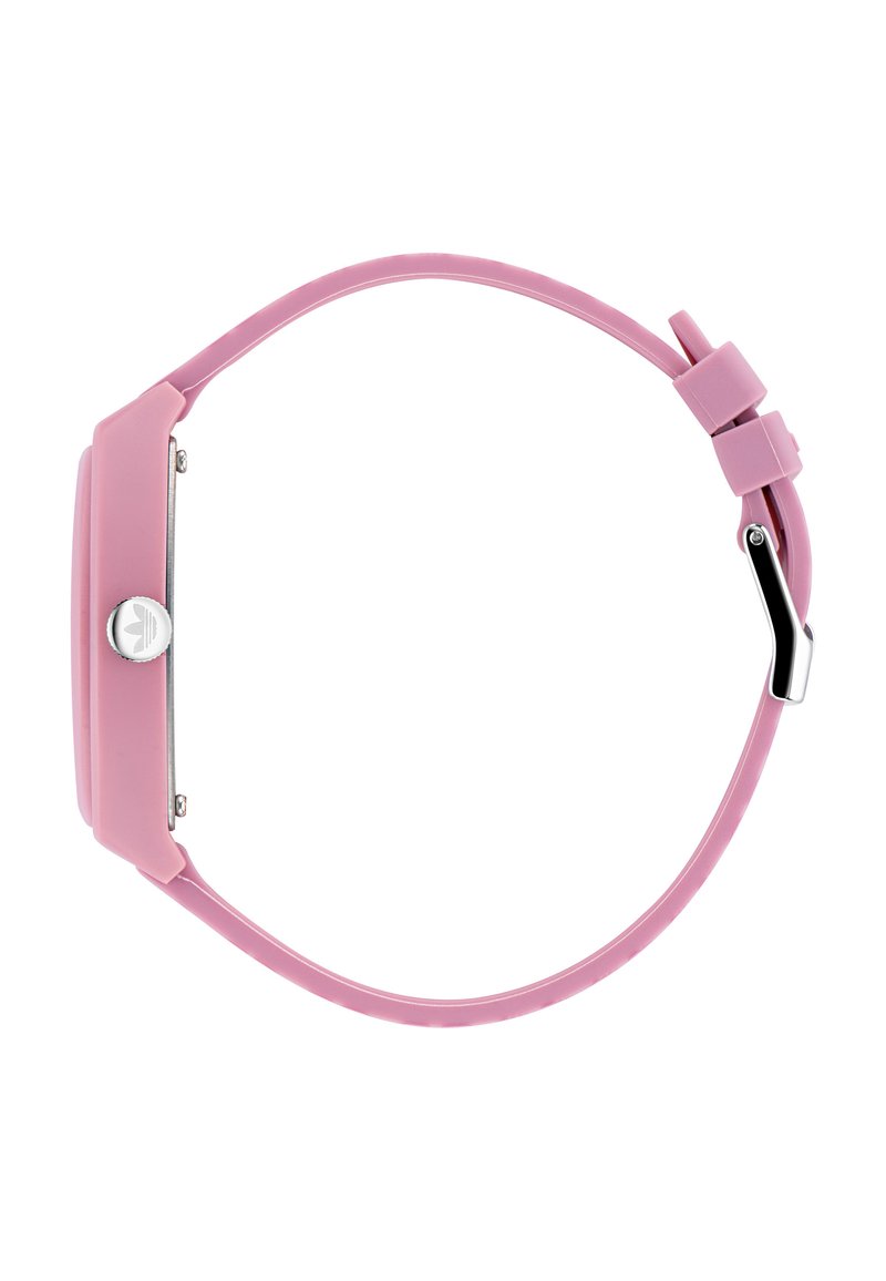 Orologio in silicone rosa con cassa rettangolare, dettagli in metallo argentato, superficie liscia e bracciale regolabile.