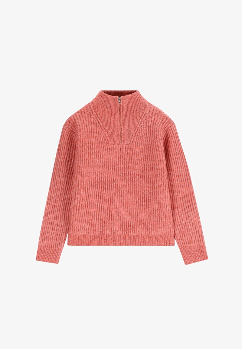 Pull-over à col zippé côtelé de couleur corail vif. Doté de manches longues et d'une coupe décontractée, fabriqué en tissu tricoté doux.