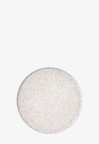 Round, silver-edged compact with a textured white surface, featuring fine shimmer particles for a sparkling appearance.