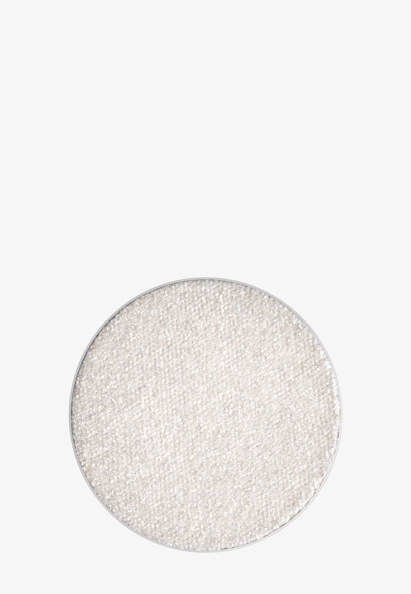 Round, silver-edged compact with a textured white surface, featuring fine shimmer particles for a sparkling appearance.