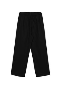 Pantaloni larghi neri realizzati in tessuto morbido, con vita elastica e una superficie liscia. Nessun motivo o decorazione visibile.