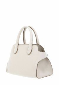 Witte leren handtas met een gestructureerde vorm, gebogen handvatten en contrasterende beige accenten langs de randen. Textuur op het oppervlak.