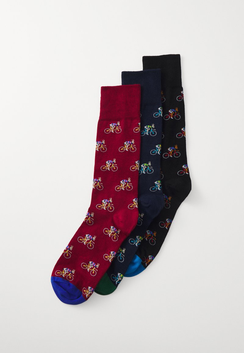 Three pairs of cotton socks: burgundy, navy, and black, each featuring colorful bicycle patterns with contrasting toe colors.