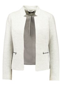 Veste gris clair avec une texture chevron, devant ouvert, col montant et deux poches zippées à la taille. Doublure intérieure lisse.
