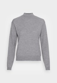 Pull gris clair à manches longues avec un col rond haut et des poignets et un ourlet côtelés, présenté sur un fond blanc uni.