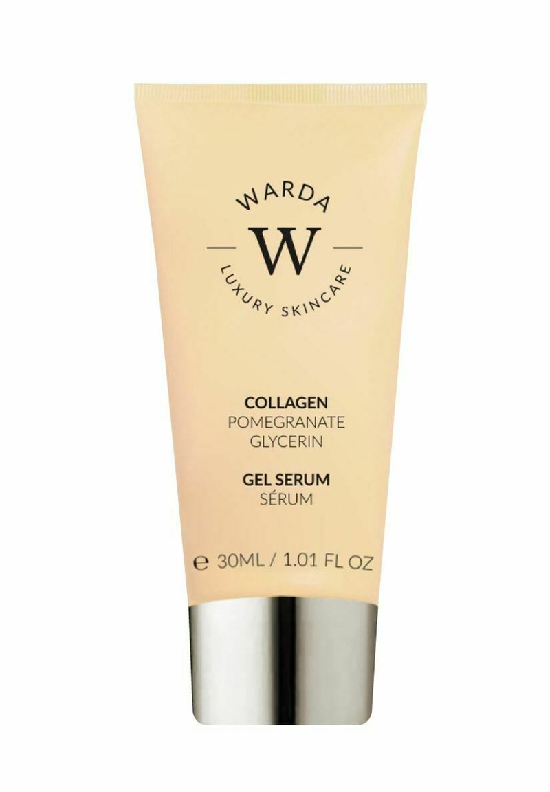 Kollagen-Granatapfel-Glycerin-Gel-Serum in einer beigen Tube mit silberner Kappe, beschriftet mit "WARDA Luxury Skincare", 30 ml / 1,01 oz.