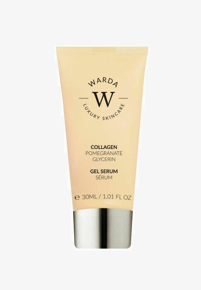 Kollagen-Granatapfel-Glycerin-Gel-Serum in einer beigen Tube mit silberner Kappe, beschriftet mit "WARDA Luxury Skincare", 30 ml / 1,01 oz.