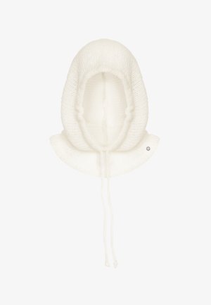 Biała dziana czapka z kapturem o zaokrąglonym kształcie, charakteryzująca się teksturowaną powierzchnią, sznurkiem do regulacji oraz dekoracyjnym akcentem po boku.