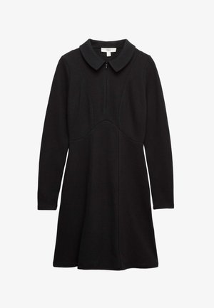 Zwarte jurk met lange mouwen van zachte stof, met een kraag, een halve rits aan de voorkant en een uitlopende rok met naaddetails.