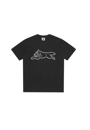 T-shirt noir à manches courtes avec un contour pointillé blanc d'un chien sautant centré sur le devant.