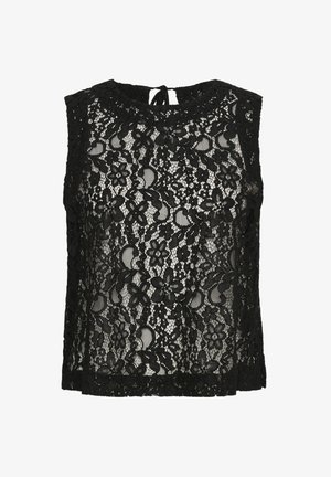 Fekete csipkeborítású, ujjatlan felső virágmintával, kerek nyakkivágással, és hátul megkötős részletekkel. A áttetsző textúra fokozza a vizuális összetettséget.