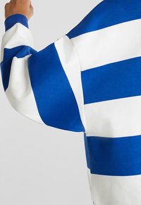 Blue and white striped sweatshirt with long sleeves; the blue stripes are wide, with a soft, smooth texture and ribbed cuffs.