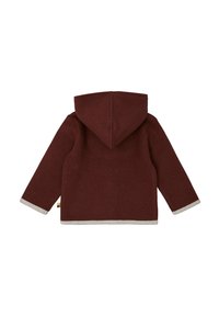 Giacca con cappuccio color marrone scuro, con polsini e orlo grigi, realizzata in lana. Presenta un design semplice e una texture liscia. Nessun elemento hardware o motivo visibile.