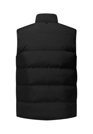 Zwarte puffer vest met een hoge kraag, met horizontaal gestikte delen en zonder zichtbare hardware of accenten. Glad, textuurachtig stof.