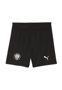 Svarta idrottsshorts i mjukt material, med resårmidja, FC St. Pauli-logotyp i vitt och en liten vit Puma-logotyp.