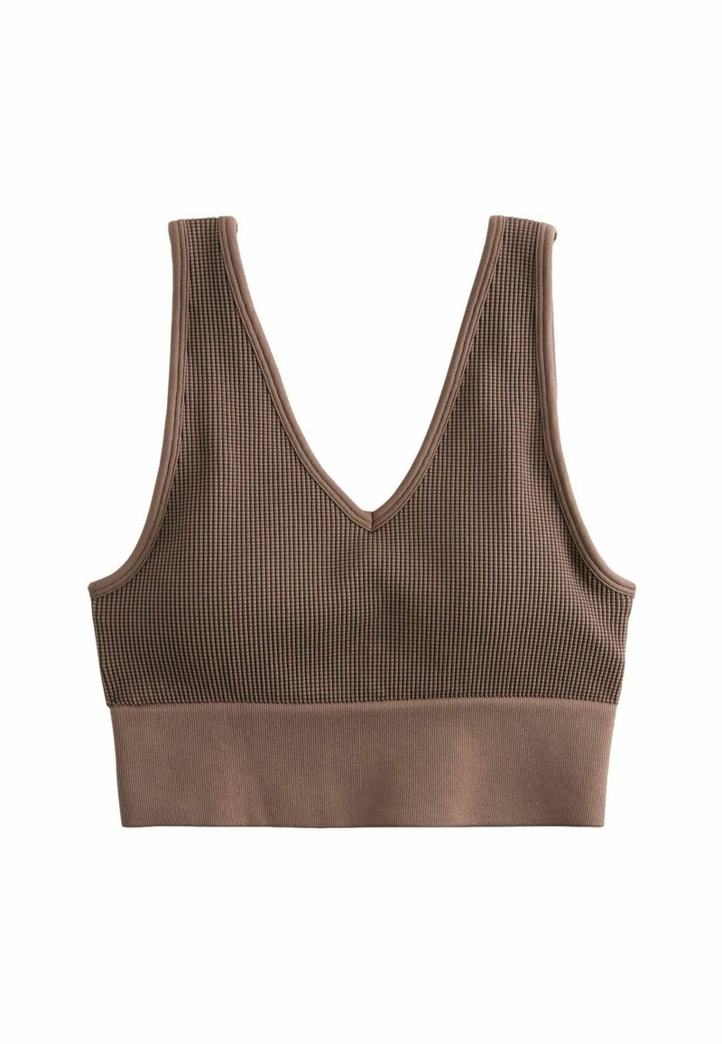 Braun gerippter Sport-BH mit tiefem V-Ausschnitt und breitem Bund. Das Material hat eine strukturierte Oberfläche, die einen engen Sitz und ein Minimales Abdeckungsdesign bietet.