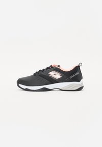 Black athletic shoe with mesh upper, white and light pink accents, lace-up design, and textured sole for grip. Lightweight and flexible.