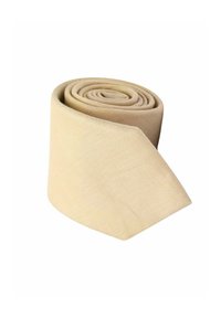 Beige bomull slips i rullad form med en slät textur och avsmalnande ände. Enkelt design, inga mönster eller utsmyckningar.