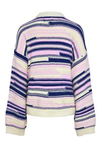 Strikket sweater med vandrette striber i pink, navy og creme. Ribbet rund halsudskæring og manchetter, med struktureret garn detaljer overalt.