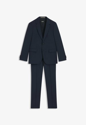 Navy two-piece suit featuring a tailored blazer with notch lapels and flat-front trousers, made from smooth, lightweight fabric.