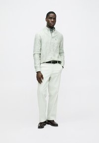 Πουκάμισο με ριγέ μοτίβο σε ανοιχτό πράσινο και λευκό, κρεμ παντελόνι, μαύρη ζώνη και σκούρα παπούτσια. Ομαλή υφή, εφαρμοστό κοψίμο και μινιμαλιστικός σχεδιασμός.