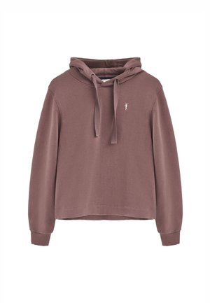 Felpa con cappuccio in un tenue colore malva e vestibilità rilassata. Presenta una tasca a marsupio, cordini e un piccolo logo ricamato sul petto.