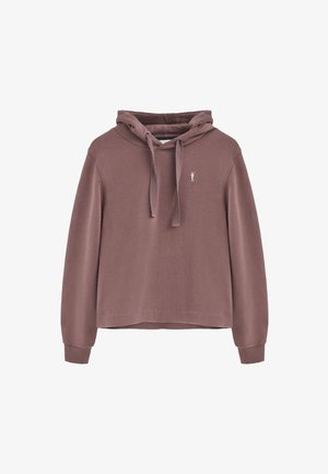 Hættebluse i afdæmpet mauve med en afslappet pasform. Har en kænguruslomme, snøre og et lille broderet logo på brystet.