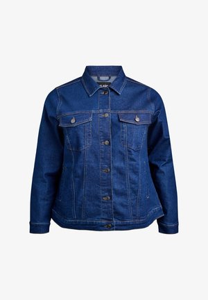 Jeans jakna v temno modri barvi, z gumbno zaporo spredaj, dvema prsnih žepoma, stranskimi žepi in šivalnimi detajli ob šivih.