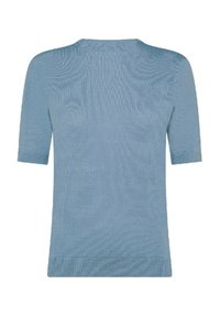 Top corto azzurro chiaro a maniche corte con scollatura rotonda, realizzato in un tessuto a maglia arricciata. Design semplice, senza motivi o accessori visibili.