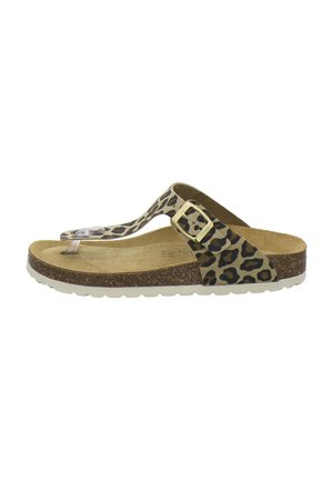 Woman's leopard-print thong sandal with cork footbed, adjustable gold buckle, and white textured sole, shown in side profile.