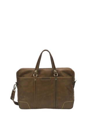 Mallette en cuir marron à deux poignées, bandoulière amovible et coutures apparentes sur fond blanc.