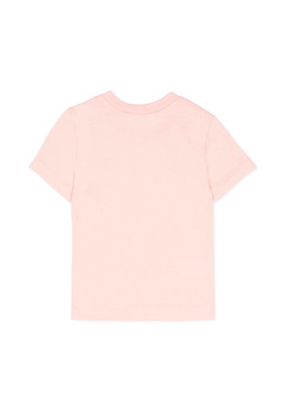 T-shirt rose clair à manches courtes avec un col rond. Matière en coton doux, couleur unie, design minimaliste sans ornement.