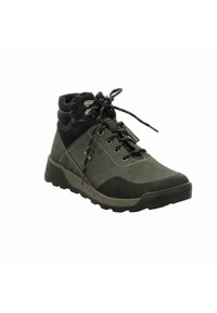 Gray and black hiking boots with a suede and synthetic upper, cushioned collar, lace-up front, rubber sole, and textured detailing.